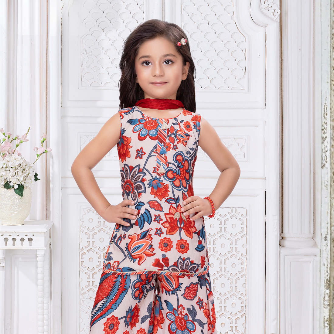 Girls Floral Print Cream Color Sharara Suit
