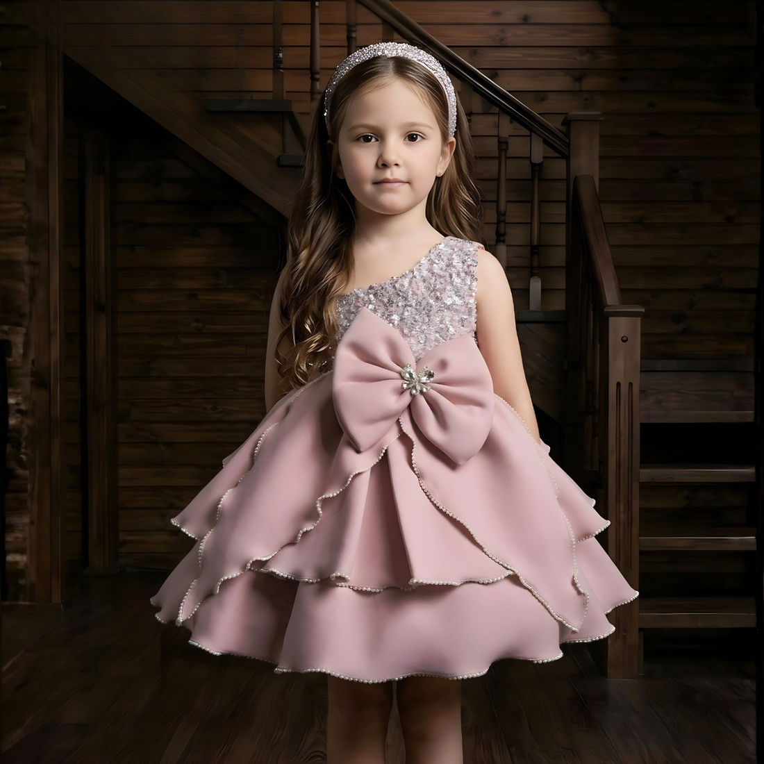 Girls Pink Party Wear Bow Embellished Frock