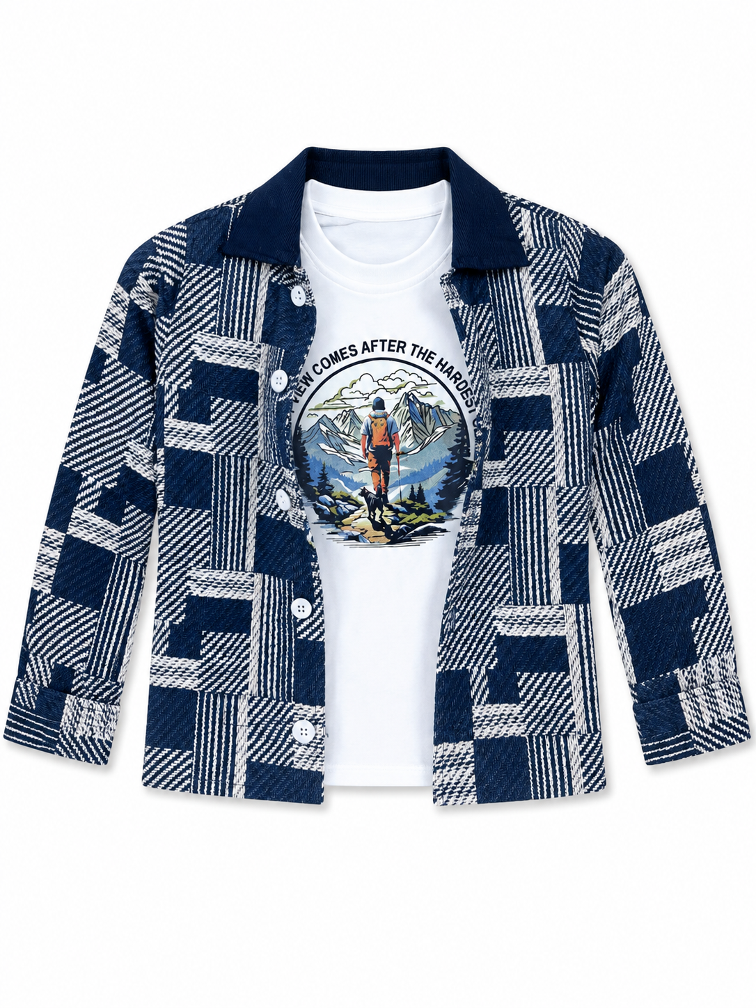 Boys Blue Woven-Check Shirt Jacket with Hiker Graphic T-Shirt