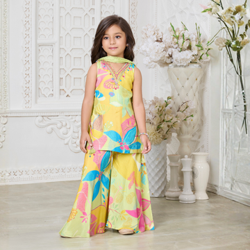 Girls Floral Print Green Color Sharara Suit