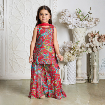 Girls Floral Print Red Color Sharara Suit