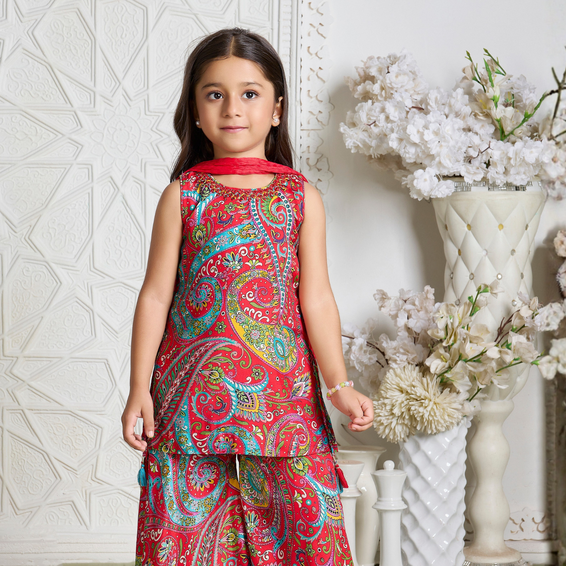 Girls Floral Print Red Color Sharara Suit