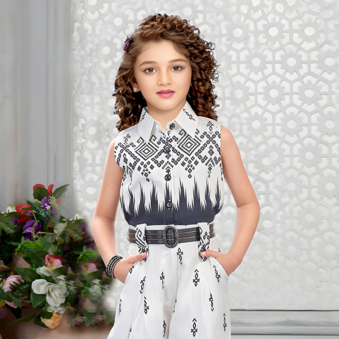 Girls Full Length Floral Printed Jumpsuit with Belt
