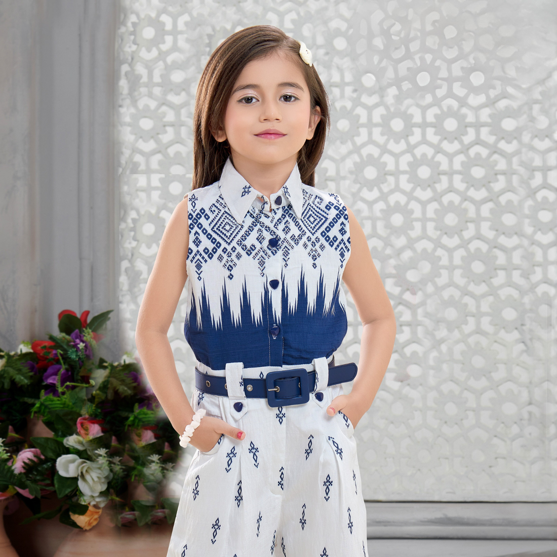 Girls Full Length Floral Printed Jumpsuit with Belt