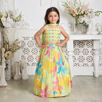 Green Floral Printed Lehenga Choli Set With Dupatta For Girls