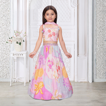 Pink Floral Printed Lehenga Choli Set With Dupatta For Girls
