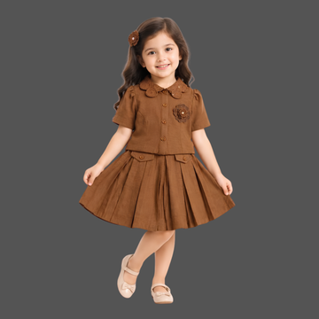 Girls Brown Skirt Set with Peter Pan Collar Top