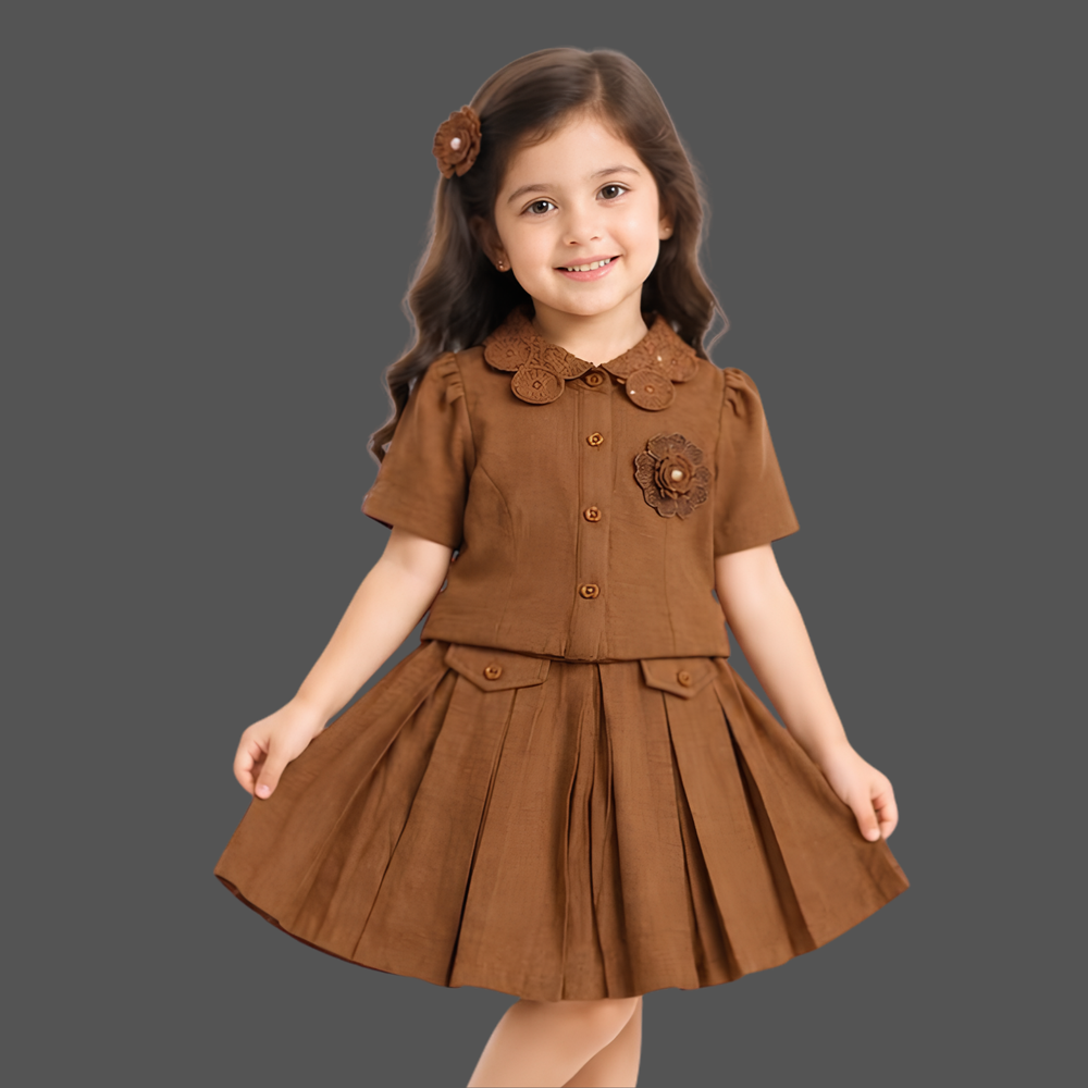Girls Brown Skirt Set with Peter Pan Collar Top