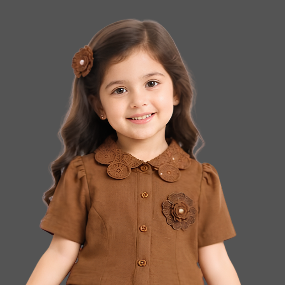 Girls Brown Skirt Set with Peter Pan Collar Top