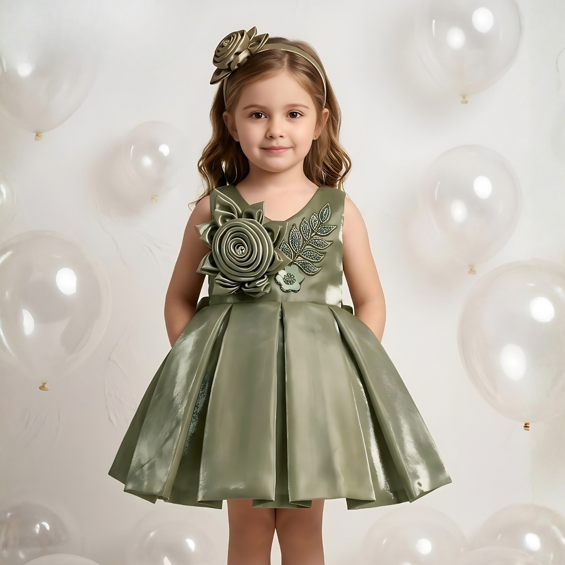 Girls One Flower Olive Party Wear Frock