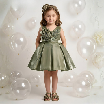 Girls One Flower Olive Party Wear Frock