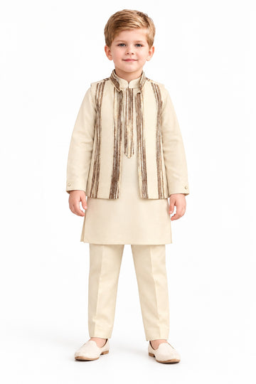 Boys Cream Kurta Pajama and Striped Jacket Set (Shoes Not Included)
