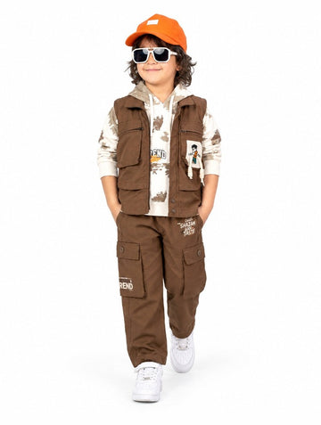 Boys Brown Utility Vest, Printed Hoodie and Cargo Pants Set