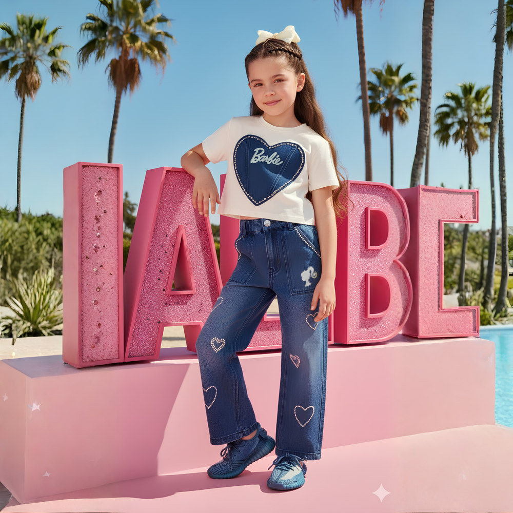 New Trendy Kids Denim Pants with Barbie Top Set