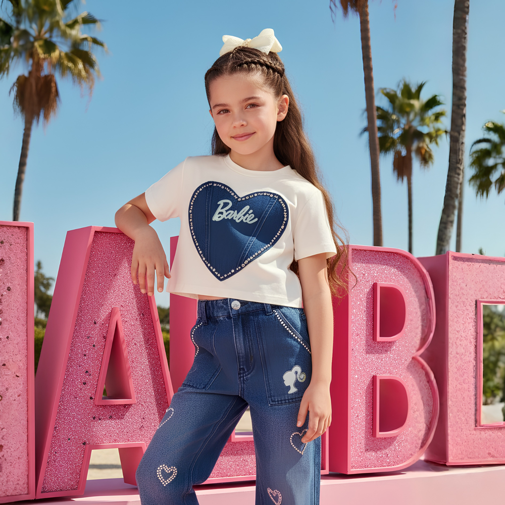 New Trendy Kids Denim Pants with Barbie Top Set