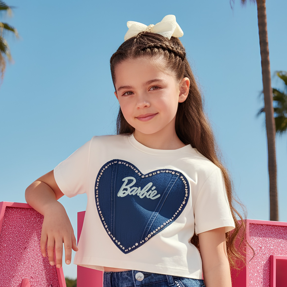 New Trendy Kids Denim Pants with Barbie Top Set