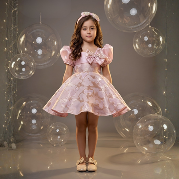 Girls Pink Flower Printed Puff Sleeves Frock