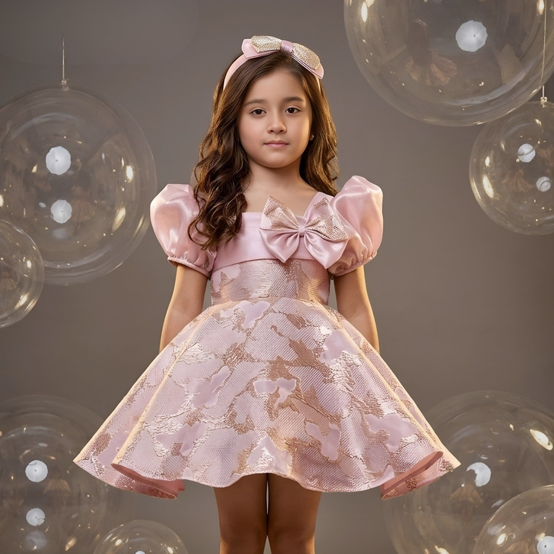 Girls Pink Flower Printed Puff Sleeves Frock
