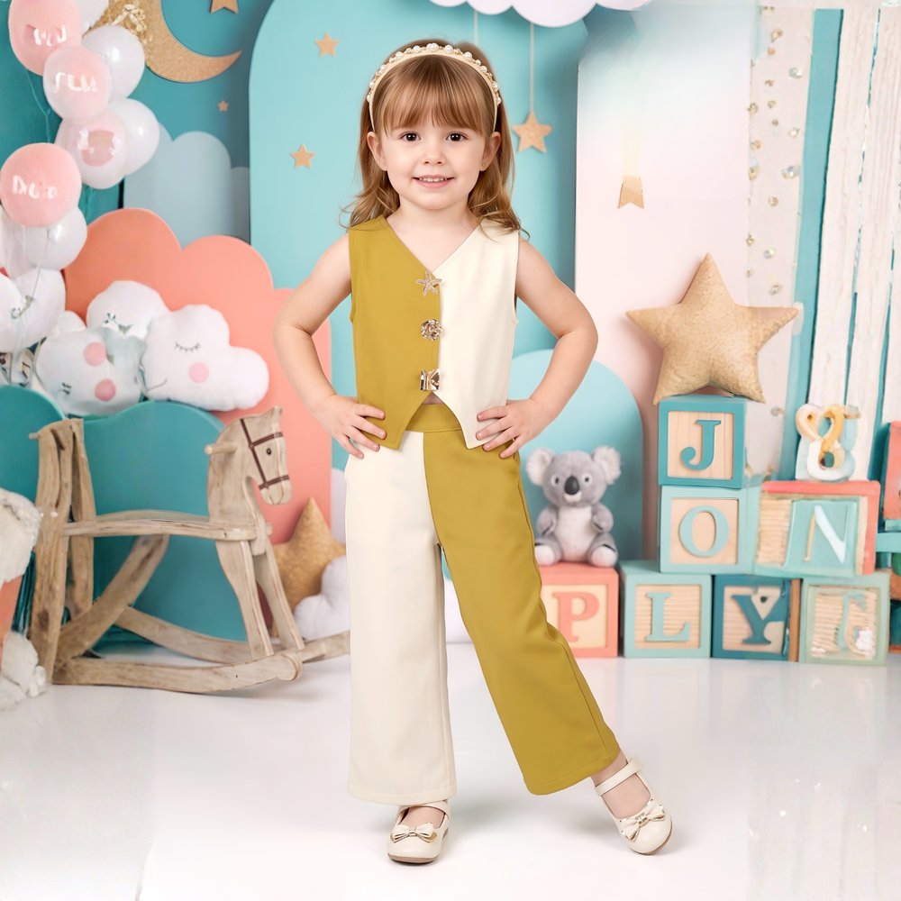 Girls Imported Mustard Waist Coat Co-ord Set
