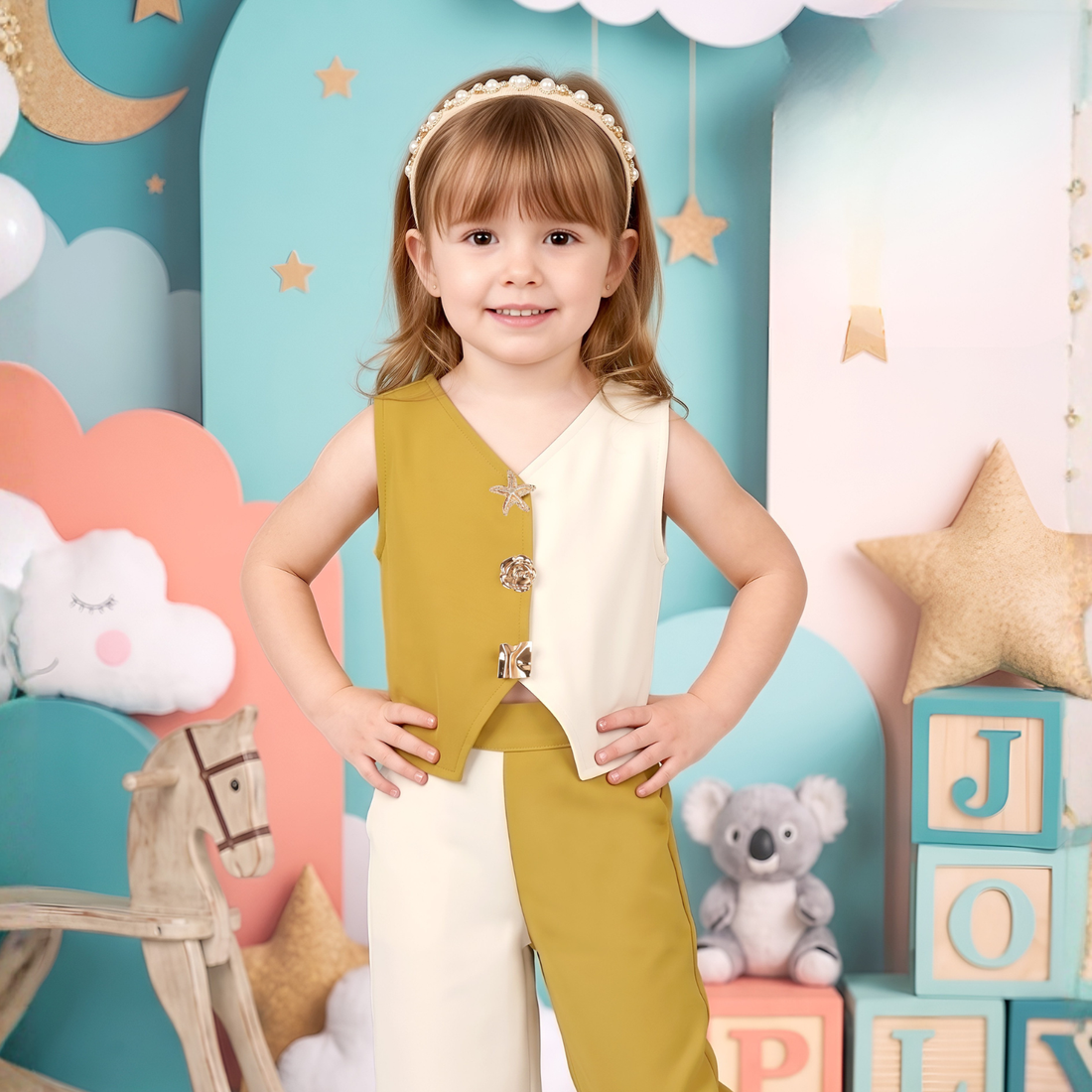 Girls Imported Mustard Waist Coat Co-ord Set