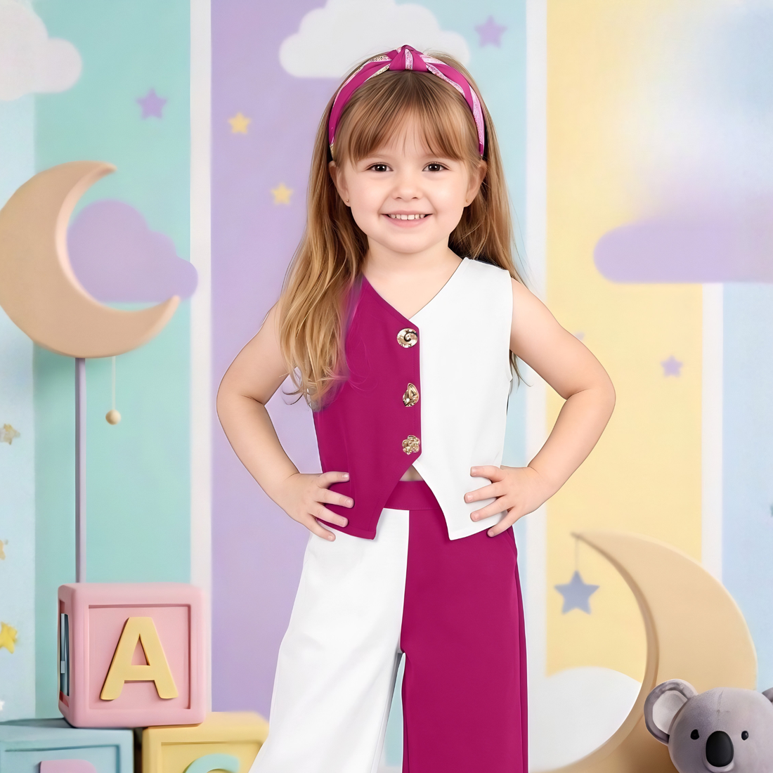 Girls Imported Pink Waist Coat Co-ord Set