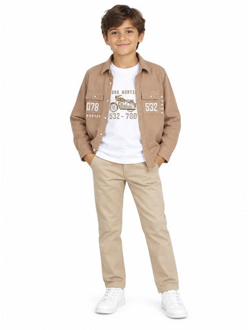 Boys Brown Jacket with Motorcycle Graphic T-Shirt