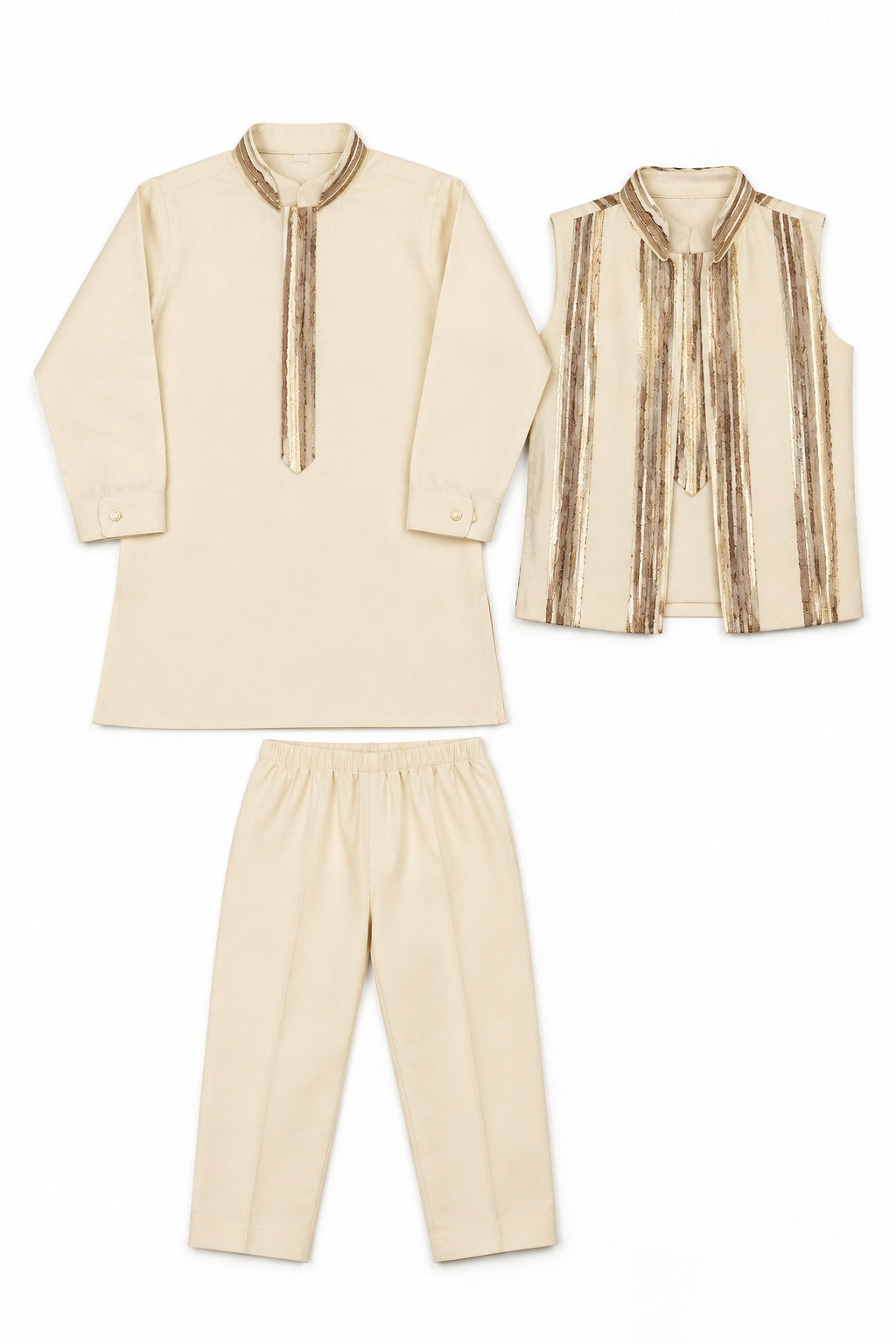 Boys Cream Kurta Pajama and Striped Jacket Set (Shoes Not Included)
