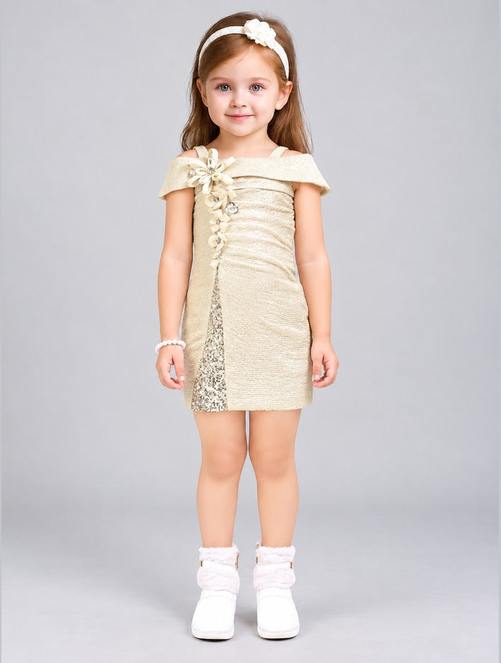 Girls Cream Off Shoulder Sequin Party Dress