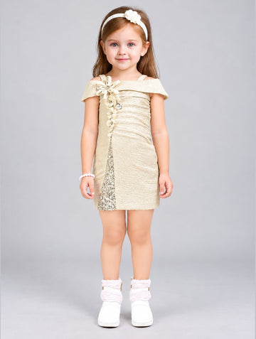 Girls Cream Off Shoulder Sequin Party Dress