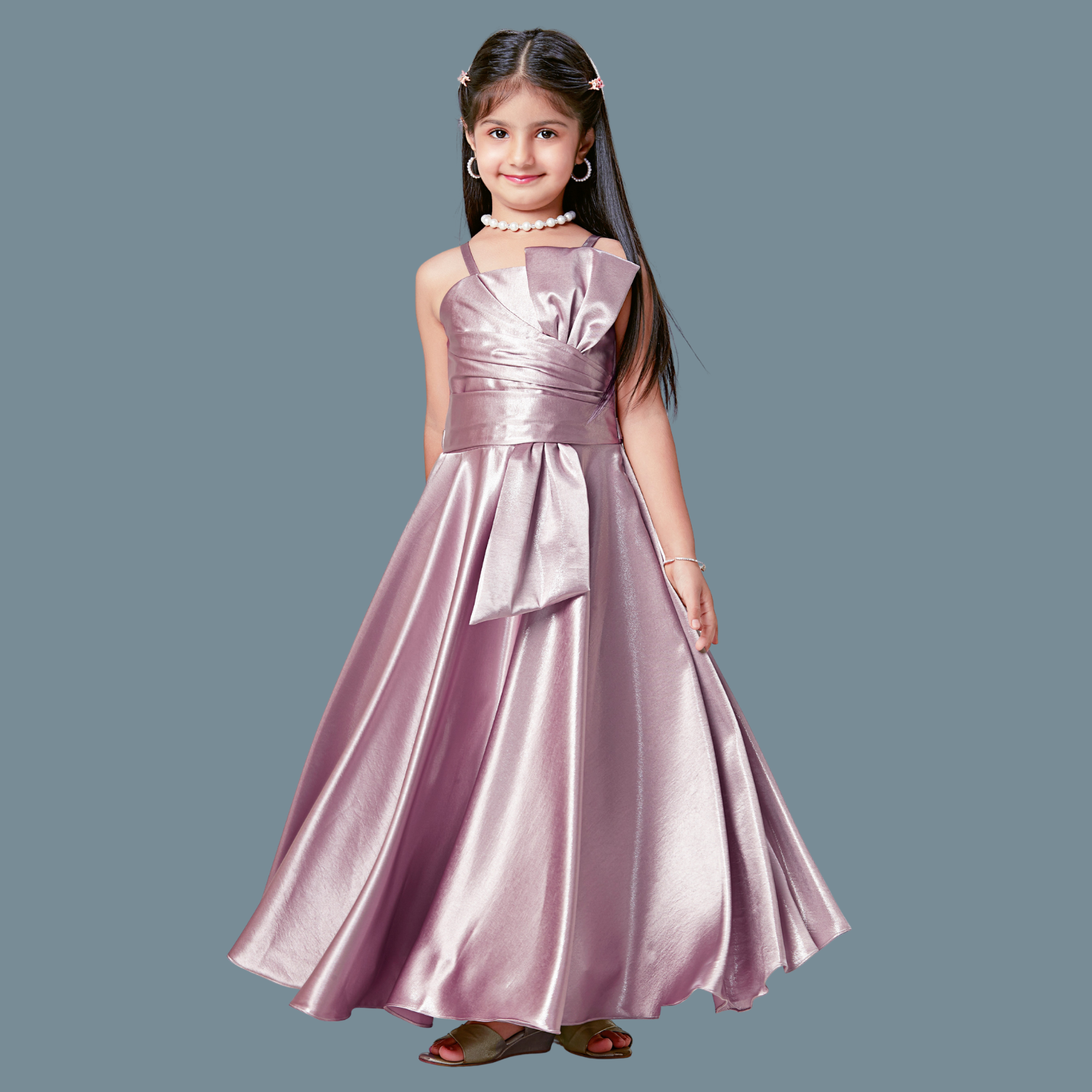 Girls, Pink Satin Long Party Frock
