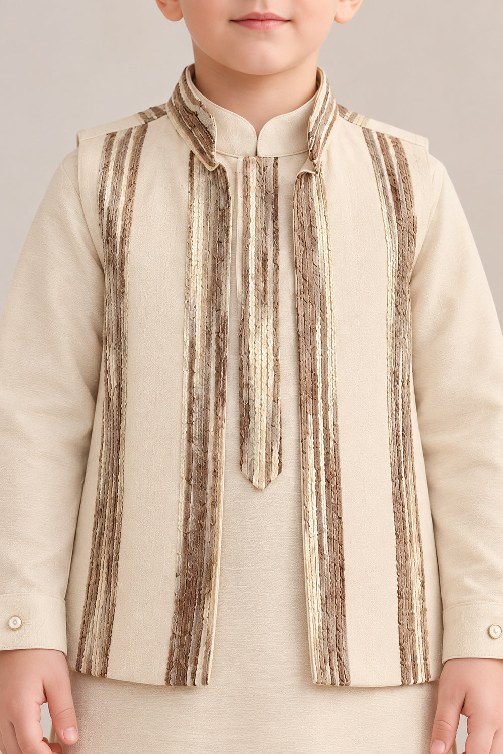 Boys Cream Kurta Pajama and Striped Jacket Set (Shoes Not Included)