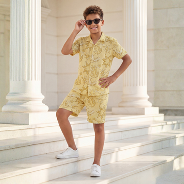 Yellow Printed Shirt and Shorts Co-ord Set For Boys
