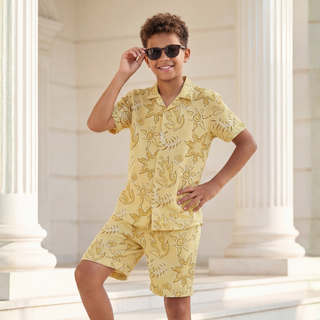 Yellow Printed Shirt and Shorts Co-ord Set For Boys