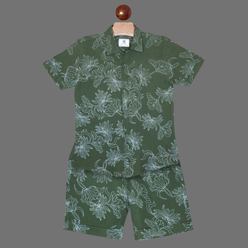Olive Printed Shirt and Shorts Co-ord Set For Boys