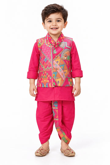 Boys Pink Kurta and Dhoti Set with Printed Jacket (Shoes Not Included)