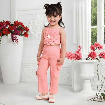 Peach Pant Set With Floral Printed For Girls