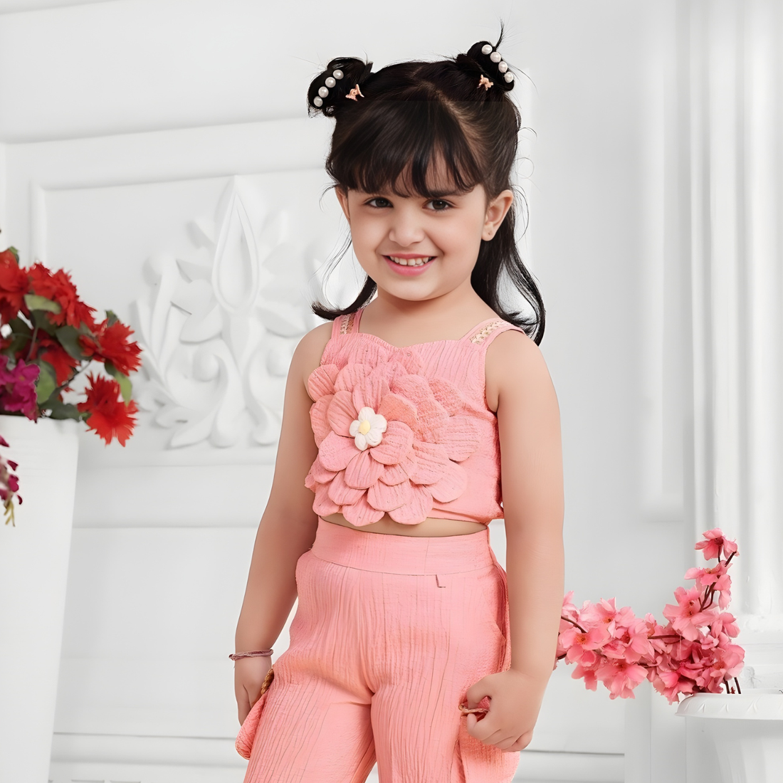 Peach Pant Set With Floral Printed For Girls
