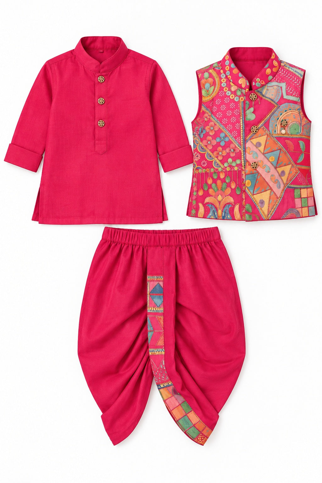 Boys Pink Kurta and Dhoti Set with Printed Jacket (Shoes Not Included)