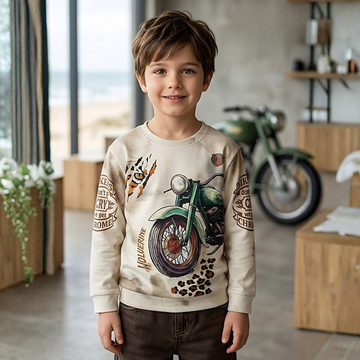 Boys Brown Printed Round Neck Full Sleeve T-shirt
