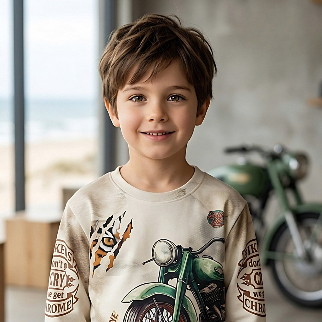 Boys Brown Printed Round Neck Full Sleeve T-shirt