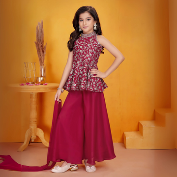 Red Silver Zari, Sequins And Embroidery Palazzo Set