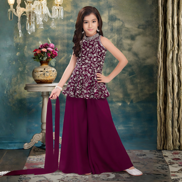 Wine Zari Embroidered Palazzo Set With Dupatta For Girls