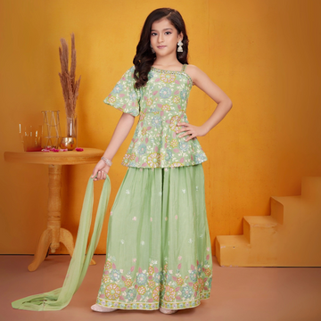 Green palazzo set with dupatta Embroidery Work For Girls