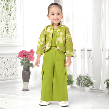 Green Embroidered Pant Set With Jacket For Girls