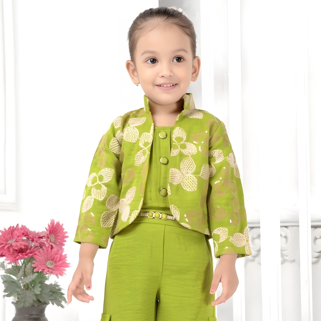 Green Embroidered Pant Set With Jacket For Girls
