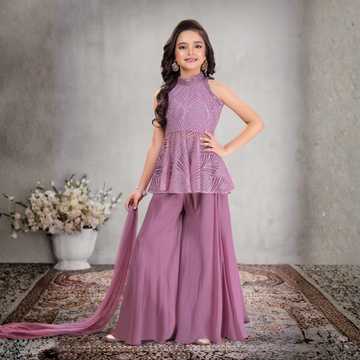 PURPLE PALAZZO PANT SET SOFT PEPLUM STYLE  CHIKAN TOP
