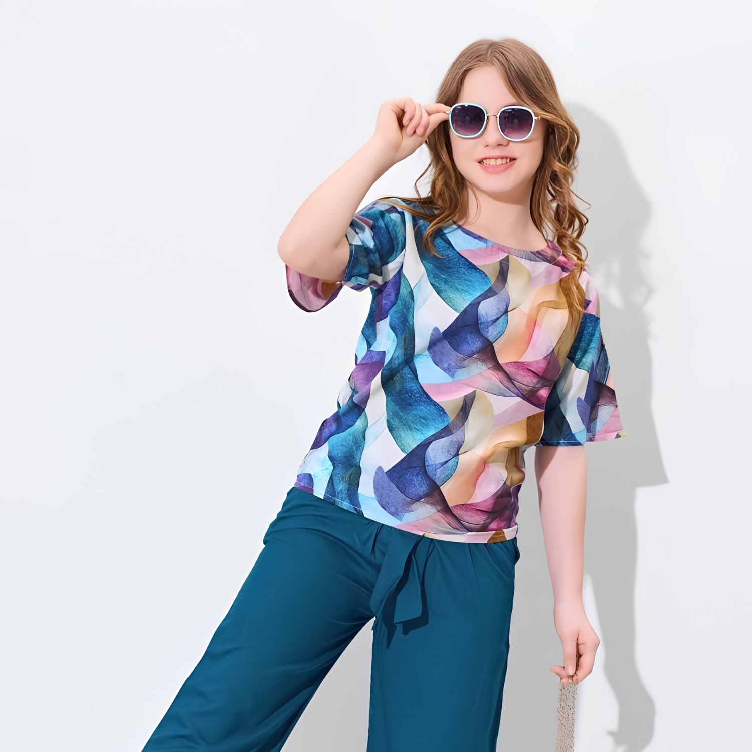 Girls blue abstract printed co-ord set full view