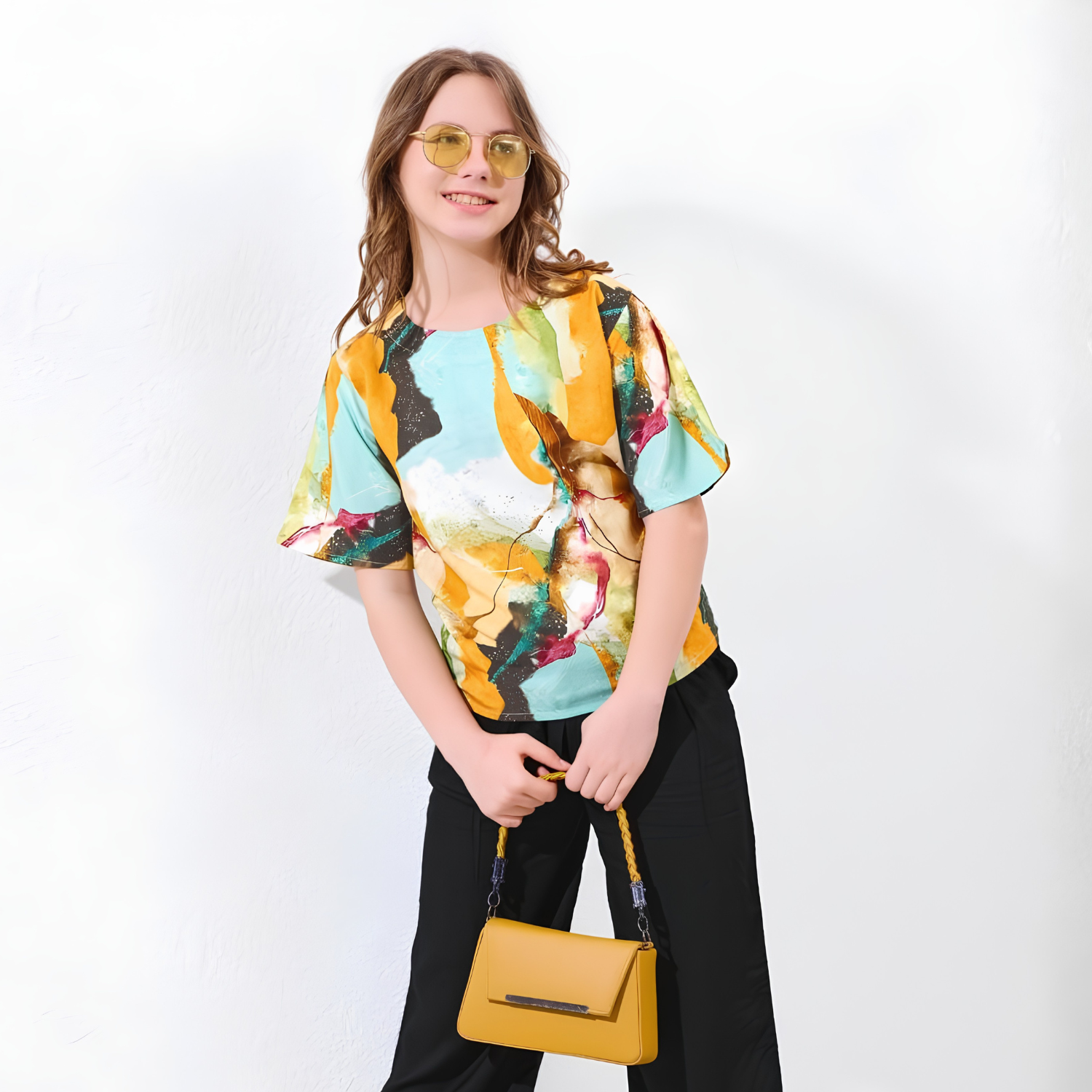Girls green abstract printed co-ord set full view