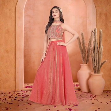 Peach Embroidered Crop Top with Palazzo & Dupatta Set