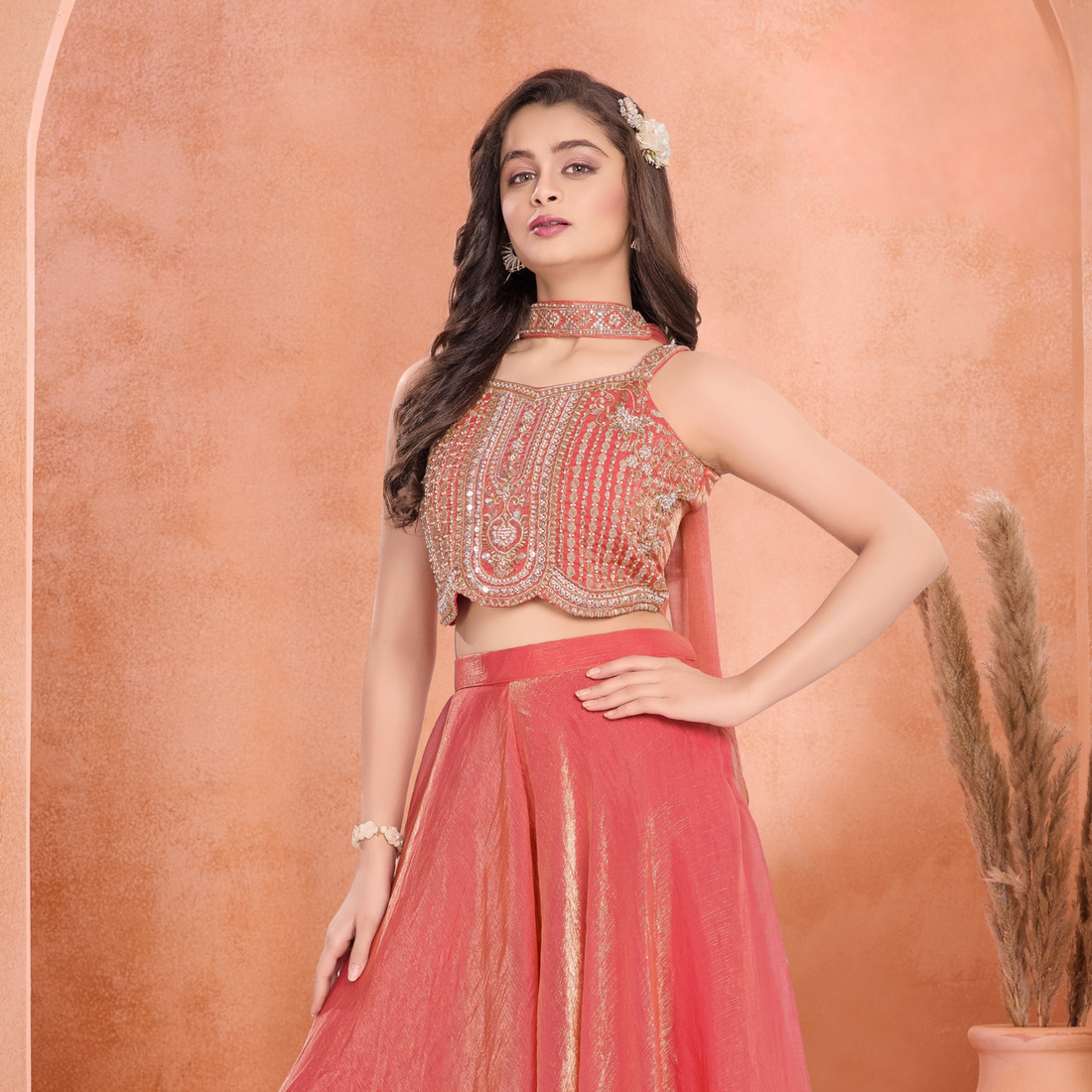 Peach Embroidered Crop Top with Palazzo & Dupatta Set